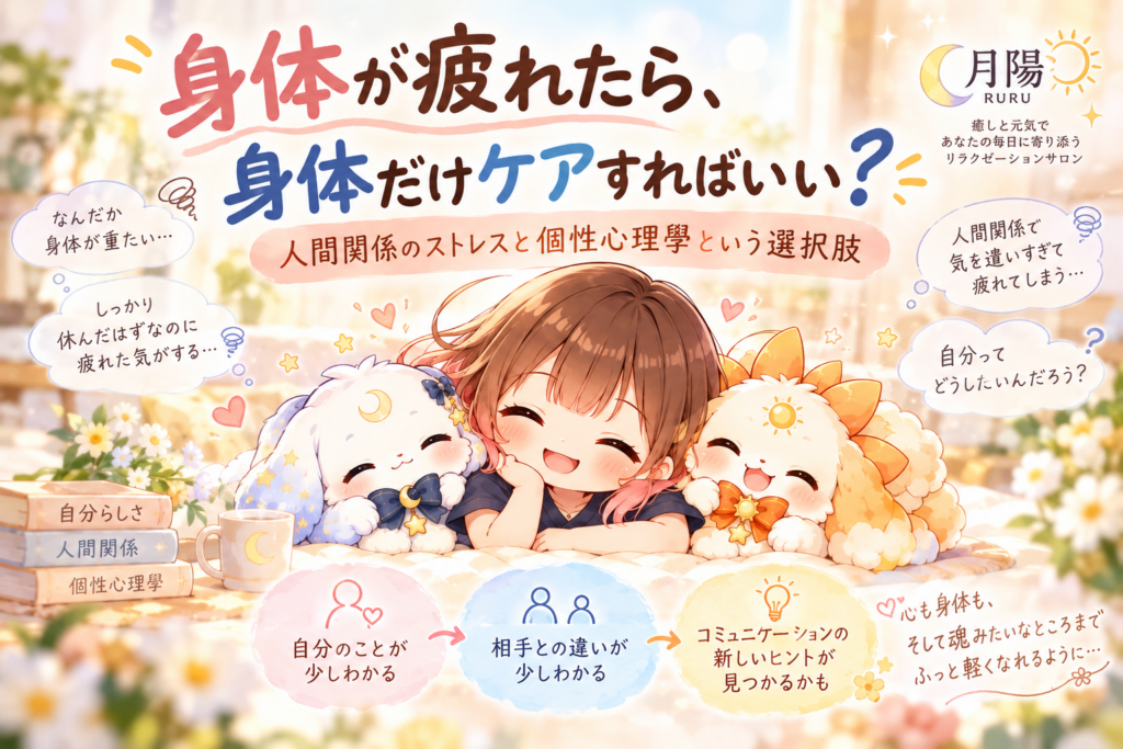 名古屋市南区の月陽ーるるー。身体の疲れと人間関係のストレス、個性心理學について紹介するブログのアイキャッチ。セラピストのるると、ゆら・きらのイラスト