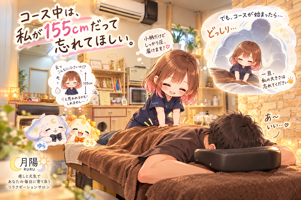 月陽ーるるーの店内で、小柄なセラピストがうつ伏せの男性にボディケアをしているイラスト。155㎝のっ小柄な体でも、どっしりとした圧を届けるイメージを表現。